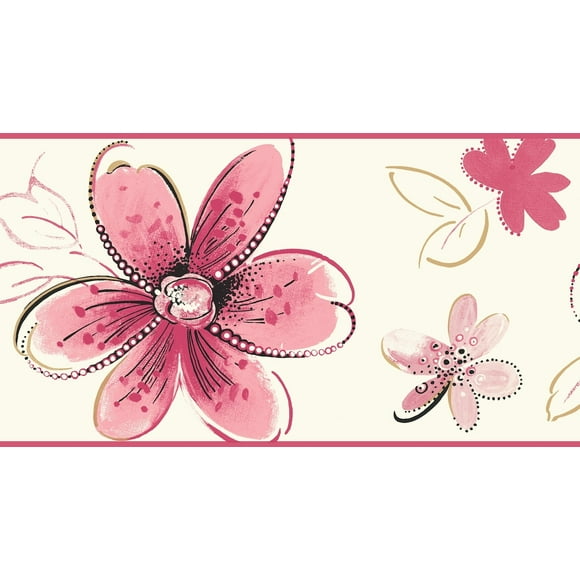 York Wallcoverings' Prepasted Wallpaper Border - Kids Floral Pink Gold, Black, Red Wall Border Retro Design, Roll 15 ft X 6.75 in (4.57m X 17.15cm)