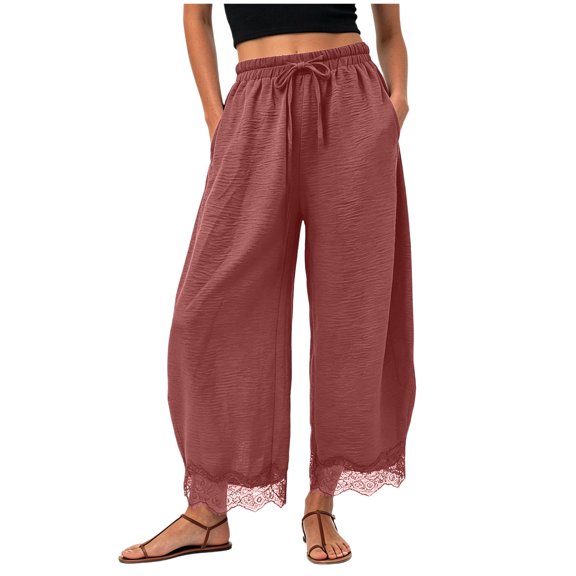 RFQWOVSR Women's High Waist Drawstring Wide Leg Linen Pants with Lace Trim Pockets Loose Fit Casual Summer Trousers M