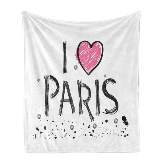 Eiffel Tower Soft Flannel Fleece Throw Blanket, I Love Paris Pencil Drawn Wording with Paint Spots Splashes, Cozy Plush for Indoor and Outdoor Use, 60" x 80", Pink Charcoal Grey, by Ambesonne