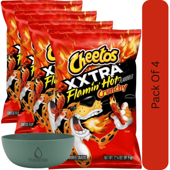 Cheetos XXtra Flamin’ Hot Crunchy Cheese Snacks, 2.875 oz Bag With Olive Green Bowl By ValueNest
