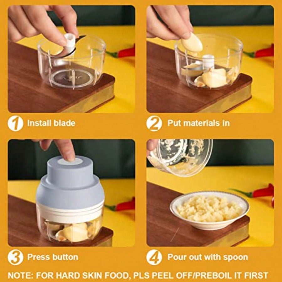 Electric Garlic Chopper Mini Electric Garlic Masher Crusher Food Processor Small with Garlic Peeler And Spoon 100ML Gray