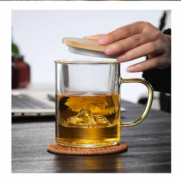 HOZADOIE Glass Water Cup Kitchen & Dining Glass Water Cup Tea Water Separation Tea Cup Filter Three Piece Cup Wood Cover Cup Tea Cup