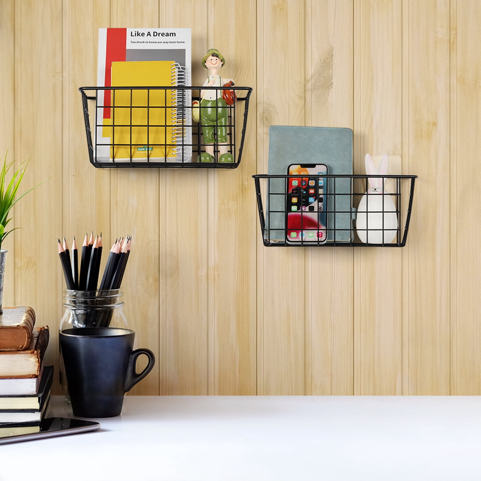 NEX Hanging Metal Storage Basket No Drilling Wall Mounted, Black, Set of 2