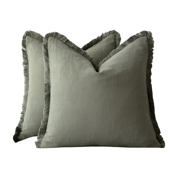 AUQ 18" X 18" Olive Green Throw Pillow Covers Solid Print Linen Fringe Throw Pillow Covers (2 Count)