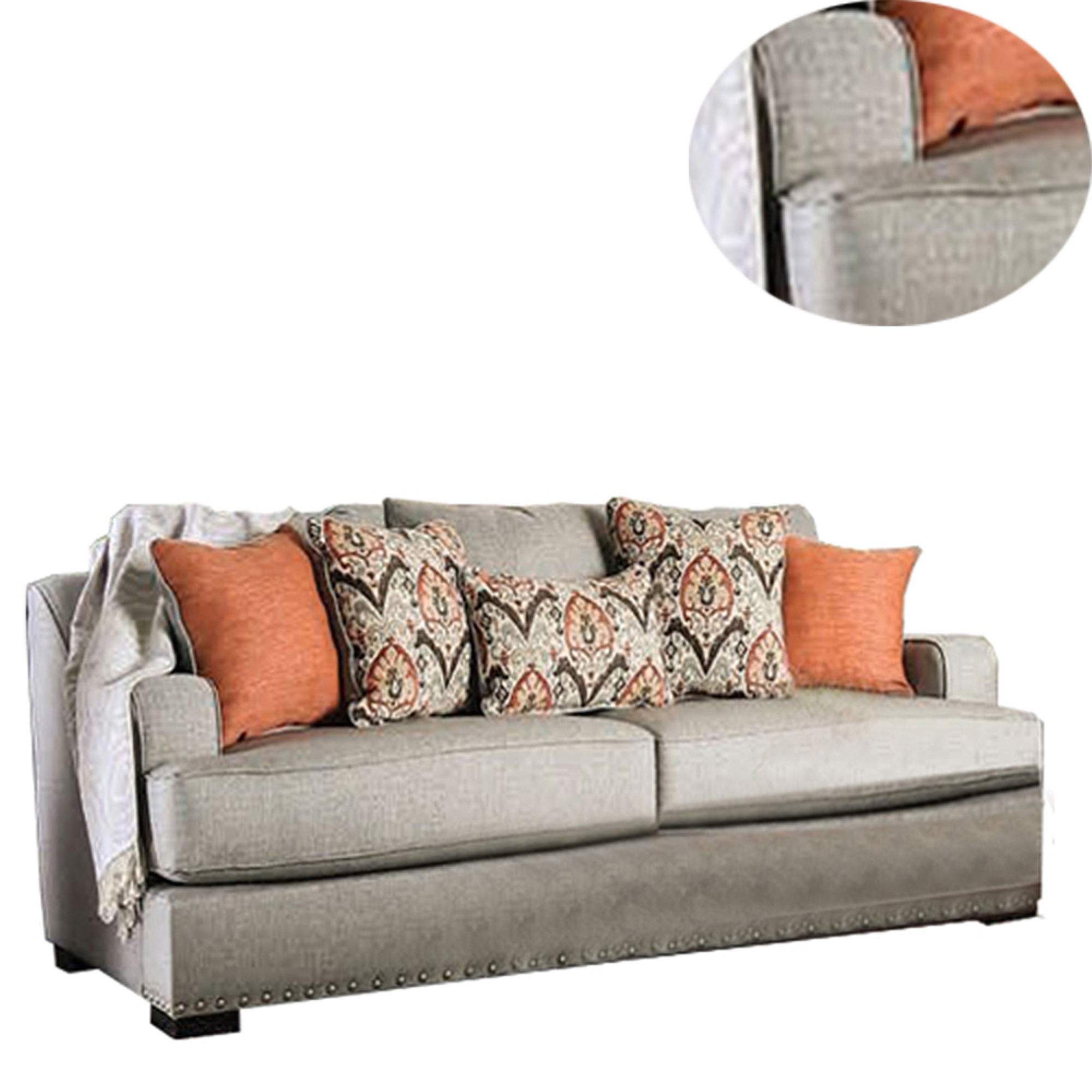 Fabric Upholstered Wooden Sofa with S Sloped Armrest, Gray
