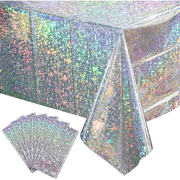 6 Pack New Iridescent Silver Tablecloth Party Decorations, Holographic Silver Glitter Plastic Tablecloth, Disposable Laser Rectangle Table Cover for Disco Birthday 70s Theme Party Decorations, 54