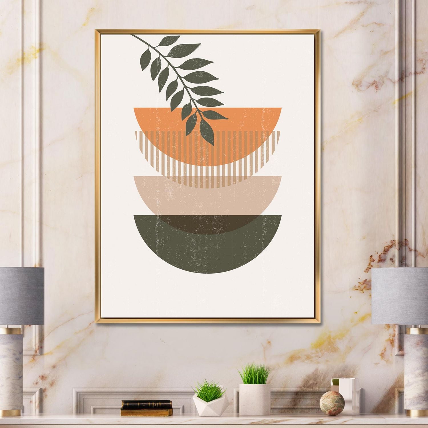 Designart Abstract Geometrical Sun and Moon With Leaf II FLOAT FRAME WALL ART