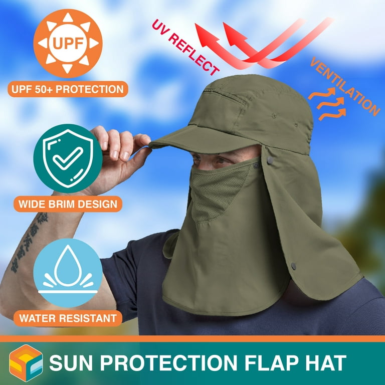 Sun Cube Fishing Sun Hat with Neck Flap for Men UV Protection Cover Outdoor Bucket Cap with Face Covering for Hiking Running (olive)