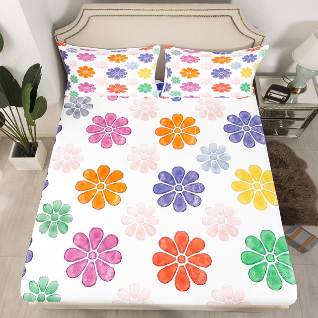 Erosebridal Colorful Daisy Fitted Sheet Set Queen, Two Groovy Party Flower Bedroom Set, Super Cozy 3pcs