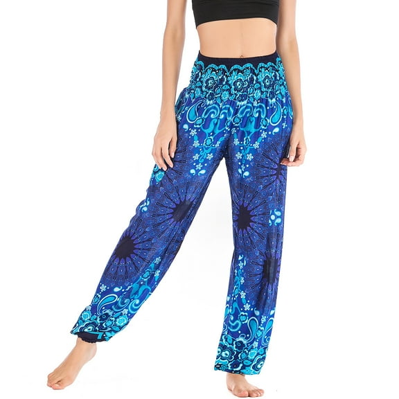 SWSMCLT Women's Harem Boho Pants Casual Soft Thailand Tribal High Waisted Yoga Hippie Joggers Elastic Trousers Lightweight Summer Genie Beach Pants Smocked Waist Loose Comfy Blue One Size
