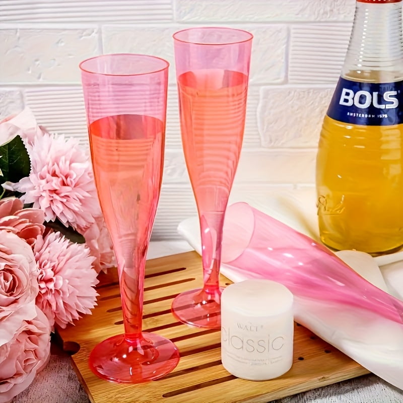 50/100pcs Reusable Durable 6oz Glitter Plastic Cups with Tapered Design, Pink Wine Glasses, Plastic Pink Champagne Flutes for Weddings, Birthdays, Bachelorette Parties, Wine (Pink Rim, Base)