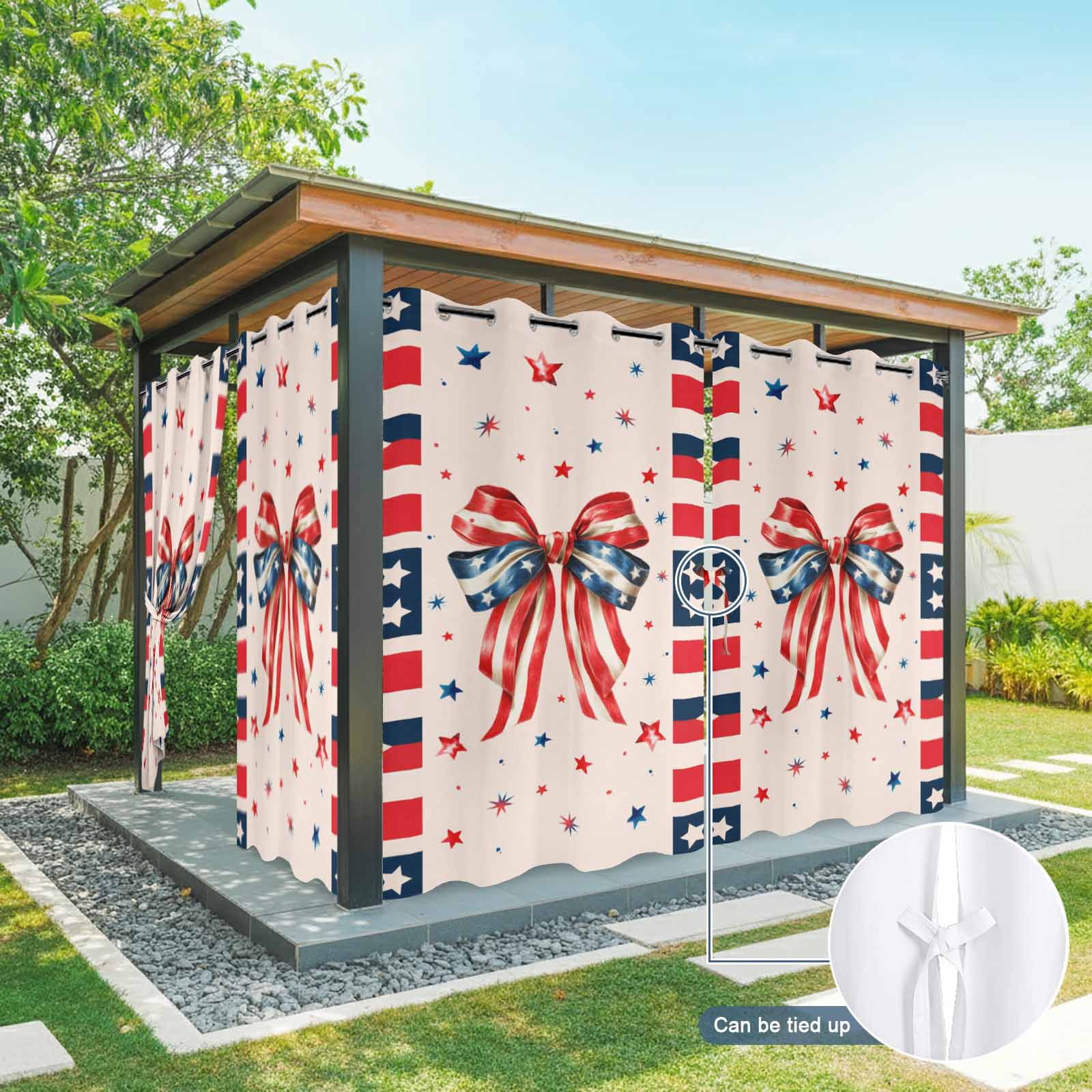 Independence Day Bow Outdoor Curtains for Patio, 4th of July US Flag Red Blue Stripe Star Sunshade Privacy Drapes Grommet Waterproof Outside Curtains for Porch/Cabana/Balcony 54"x 108", 1 Panel