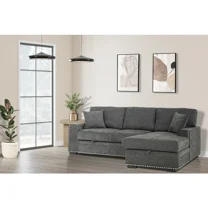 Living Room Right Facing Sectional Sofa Bed with USB, Storage Chaise and Pillows, L-Shaped Sleeper Couch