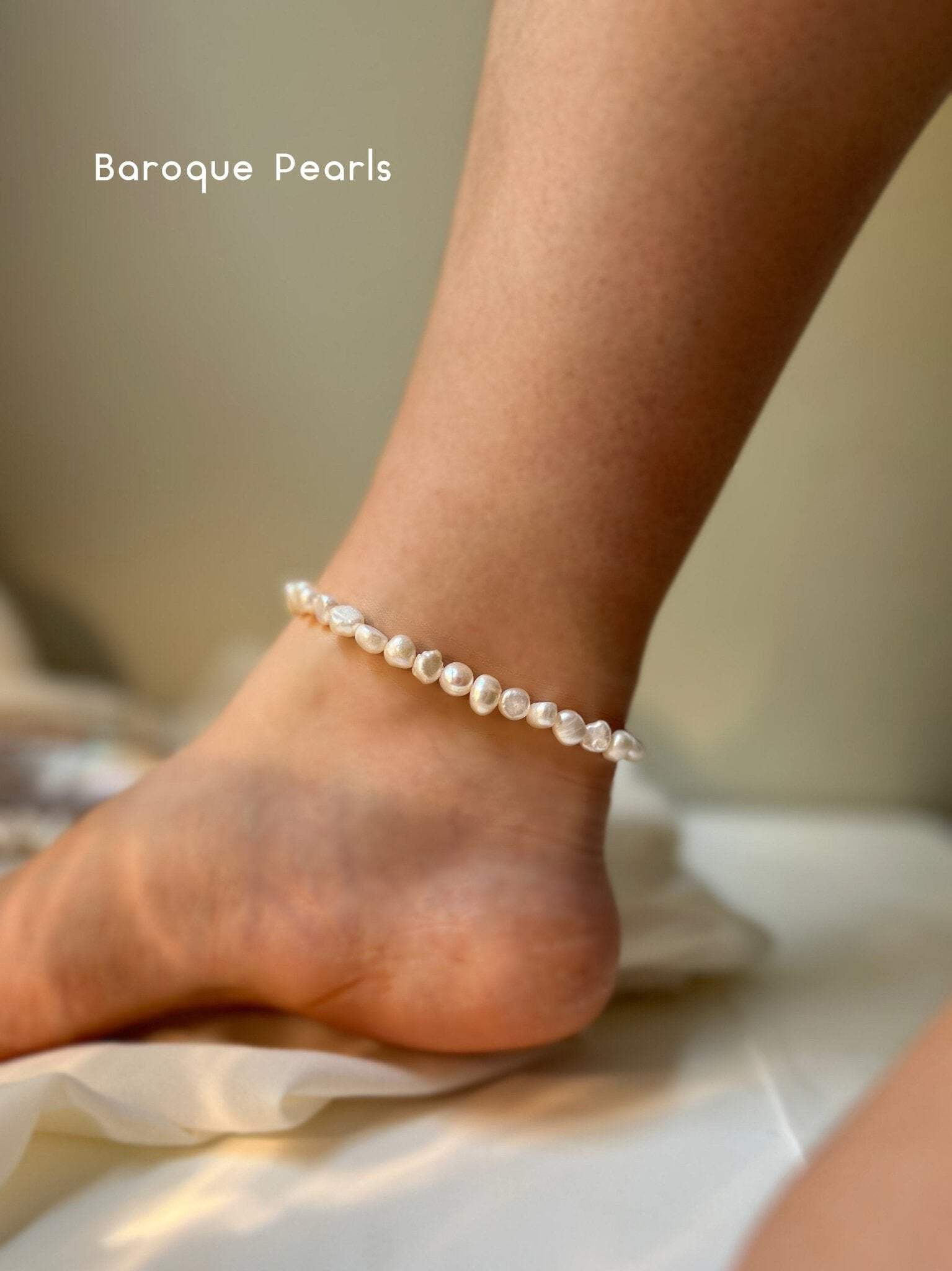 Fresh Water Pearl Stretch Anklet with Baroque or Rice Pearl - Shanali Jewelry