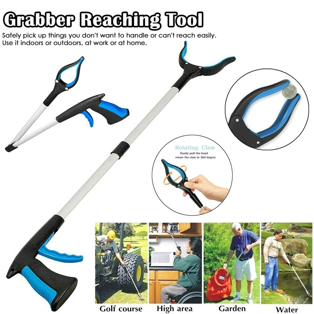 Reacher Grabber Tool with Anti-Slip Rotating Jaw, Foldable Grabbers for Elderly, Lightweight Trash Claw Grabber with Magnet, Garden Nabber, Reaching Assist Tool Blue