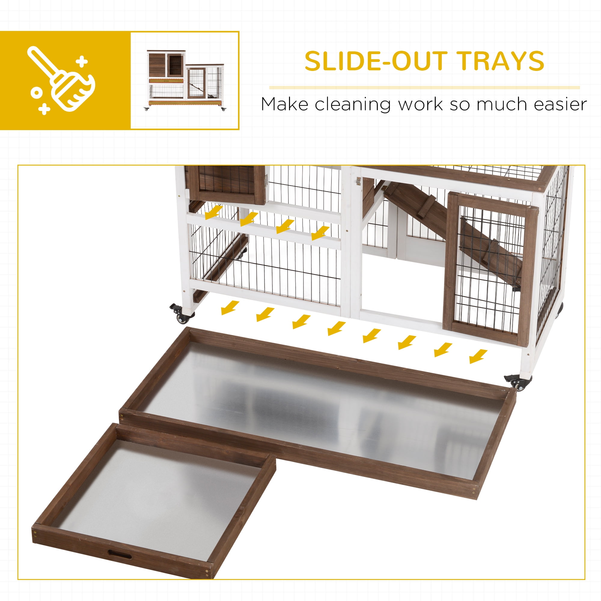 Wooden Rabbit Hutch Elevated Bunny Cage Indoor with Enclosed Run with Wheels, Ramp, Removable Tray , Brown
