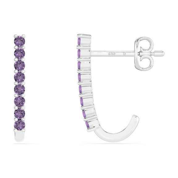 Natural Amethyst J Hoop Stud Earrings for Women in Sterling Silver, February Birthstone Jewelry Gifts for Her Birthday, Wedding Anniversary, Party, Mothers Day, Christmas, Graduation, Valentines