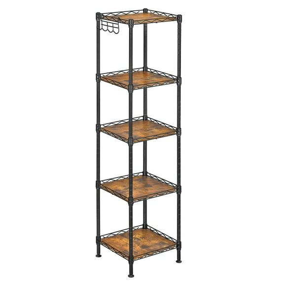 5-Tier Bathroom Shelf, Storage Rack for Small Space, with 5 PP Shelf Liners, Removable Hook, Extendable Design, Ink Black and Rustic Brown