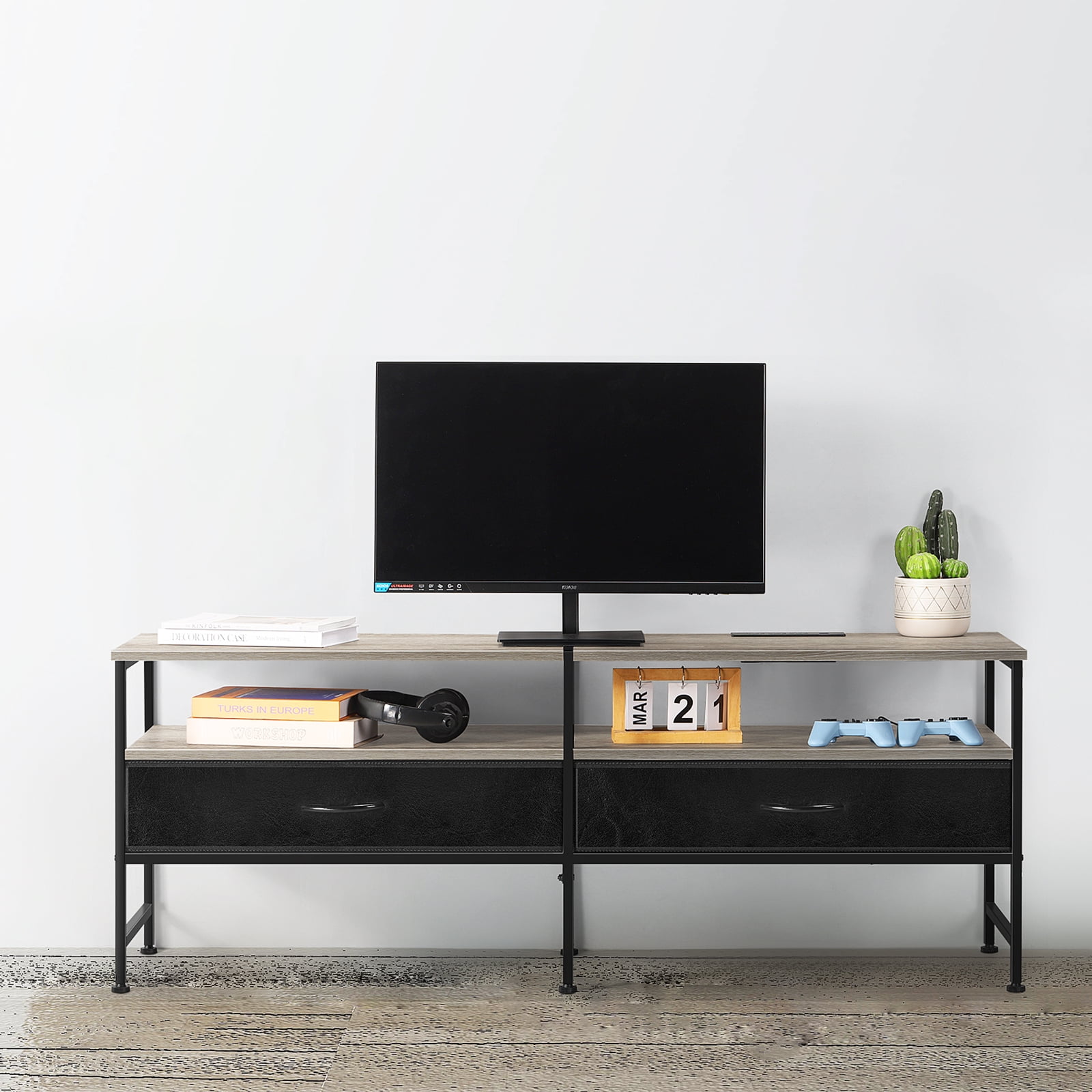55"L Extended TV Cabinet Industrial TV Cabinet with Fabric for Living Room, Bedroom with Charging Stake Gray