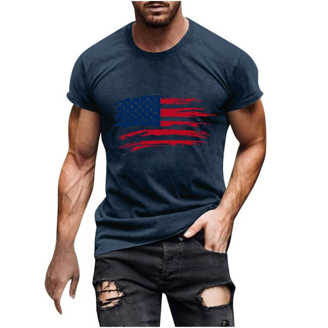 Mens Casual Manga Corta Botón Abajo Camisetas Estados Unidos Bandera Impresión Cuello Redondo Suéter Camiseta, Poliéster Casual Uso Diario para Hombres