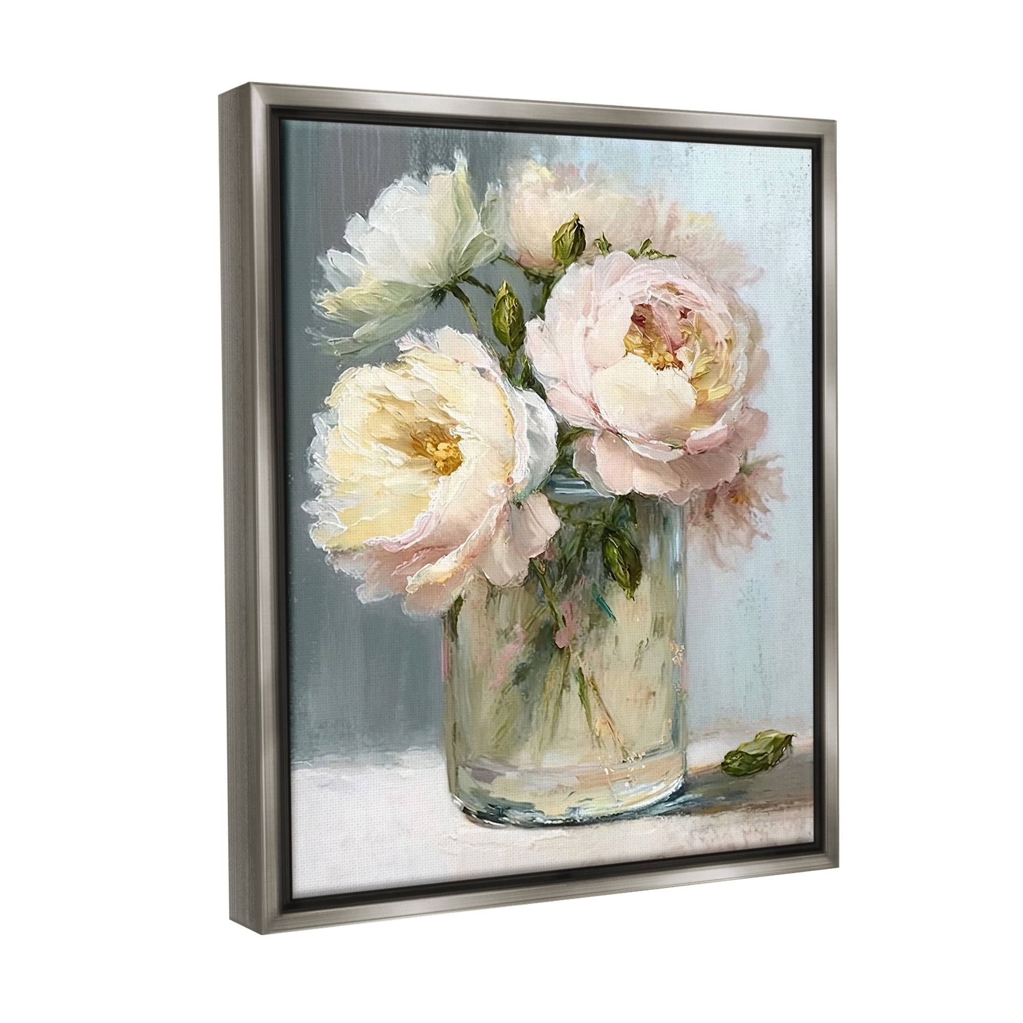 Stupell Industries Subtle Rose Blooms Botanical & Floral Painting Gray Floater Framed Canvas Art Print Wall Art, 25 x 31