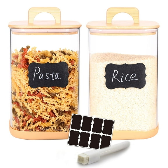 2 Pcs 133oz Glass Food Storage Containers, 1 Gallon Glass Flour and Sugar Containers with Airtight Lids, Large Square Glass Jars with Bamboo Handles Lids for Rice, Pasta, Oats, Grains, Cookies, Coffe