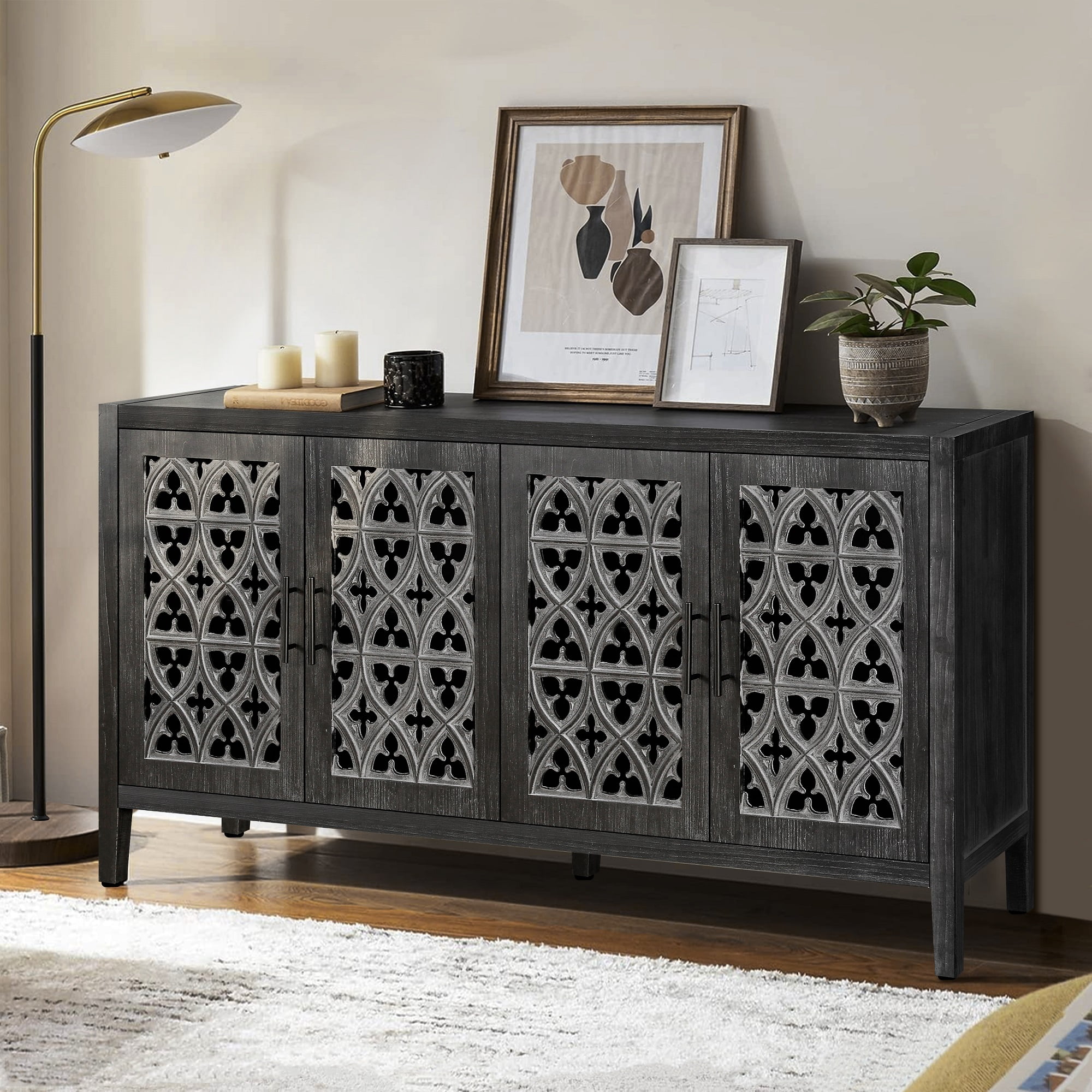 Lunale Retro Hollow Carved Storage Cabinet, American Country Style Sideboard, Suitable for Living Room, TV Cabinet, Kitchen, Antique Black