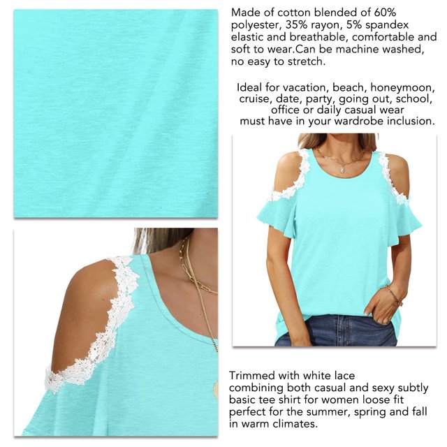 Top con hombros descubiertos y ribete de encaje, top con hombros descubiertos, top corto con hombros descubiertos, camiseta con hombros descubiertos muy versátil