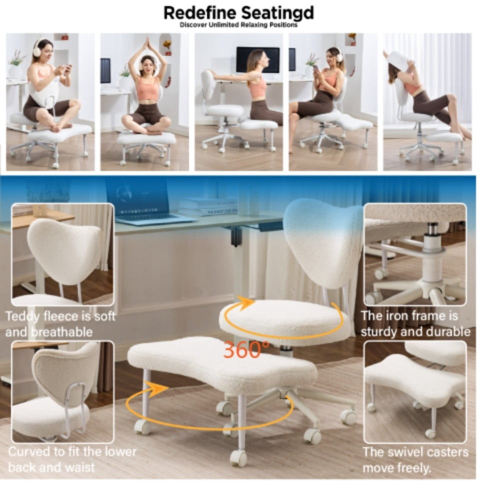 Meditation Chair, Ergonomic Cross Legged Office Chair with Lumbar Support, Height Adjustable Seat Cushion, 360° Swivel Casters, Beige