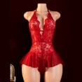 thumbnail image 2 of AESKEIA Women Babydoll Lingerie Lace Plunge Halter Bodysuit Sleepwear Red M, 2 of 7