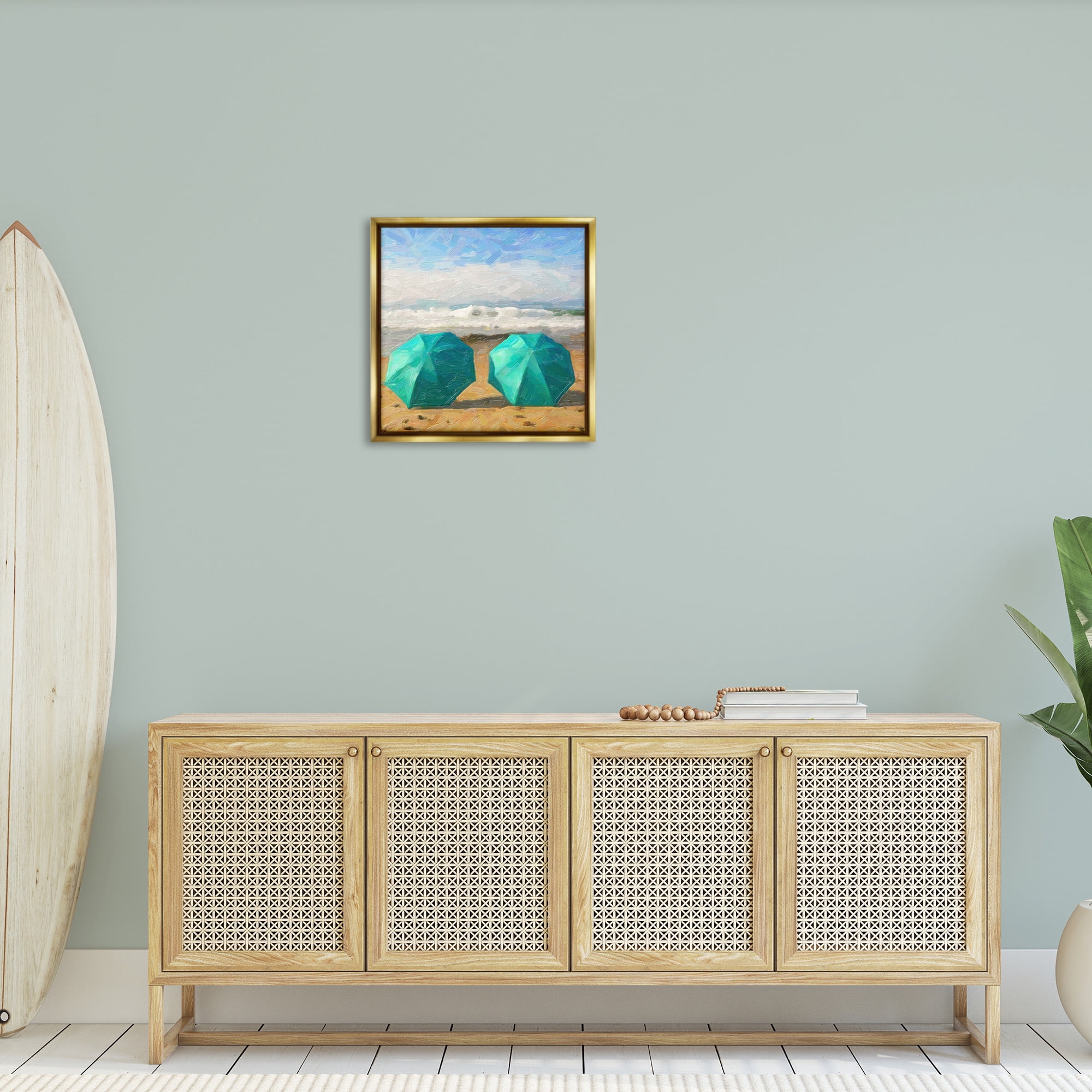 Stupell Industries Beach Umbrella Duo Landscape Painting Gold Floater Framed Canvas Art Print Wall Art, 25 x 25