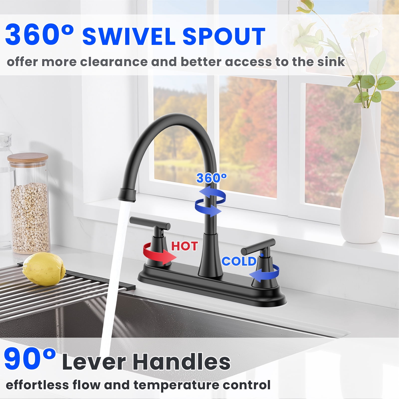 KINGTACK Two Handles Kitchen Faucet, 3 Hole or 4 Holel Faucet for Kitchen Sink, Matte Black