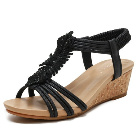 

Wedge Sandals for Women Cutout Peep Toe Mid Heel Rhinestones Fashion Breathable Beach Sandals