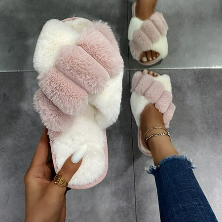 

CoCopeaunt New Women Slippers Winter House Furry Slippers Fluffy Faux Fur Indoor Home Cotton Slippers Floor Shoes Ladies Flip Flops
