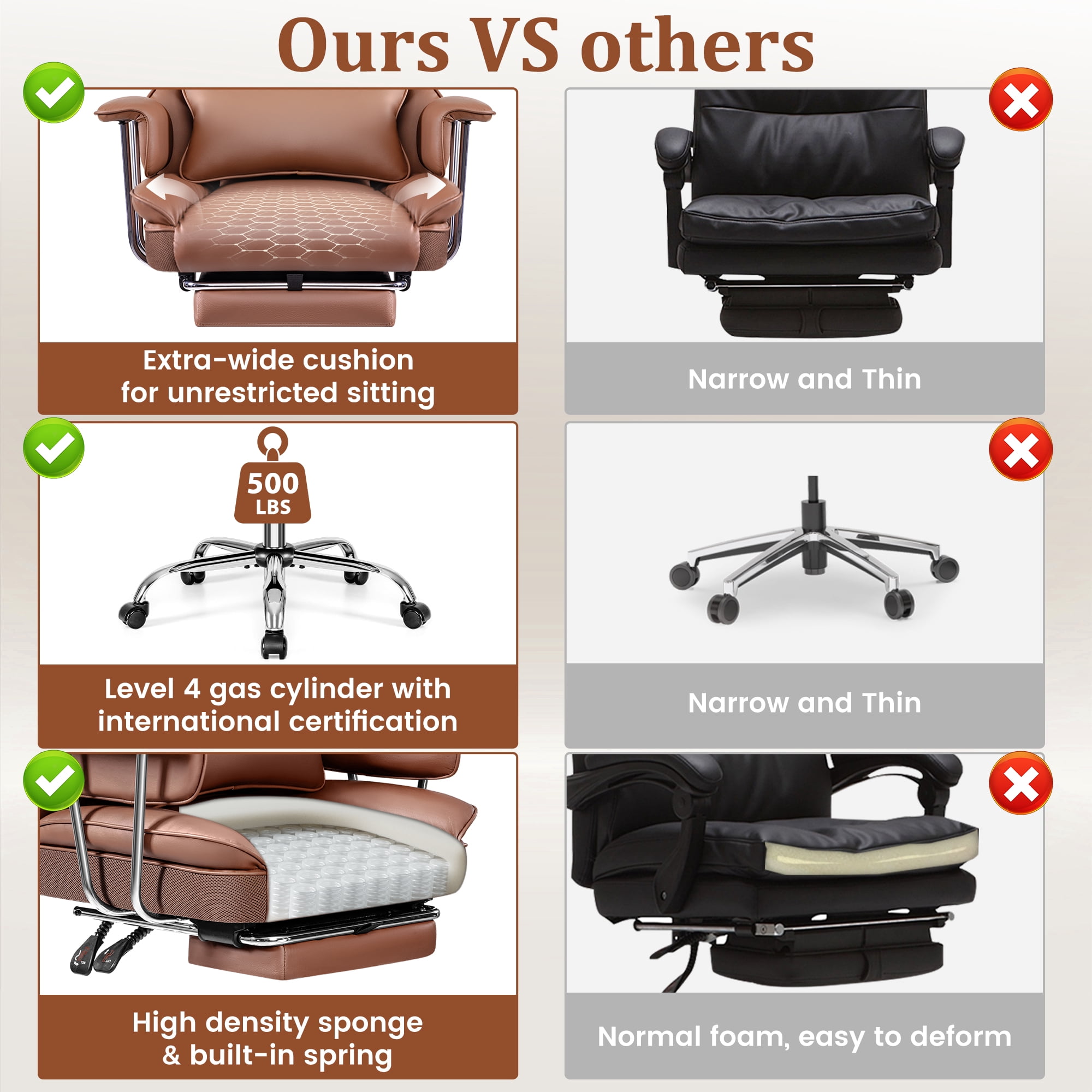COOLHUT Big and Tall Office Chair 500LBS Wide Seat Ergonomic Computer Desk Chair, PU Leather Executive Office Chair with Footrest, Adjustable Task Chair Lumbar Back Support 8 Hour, Brown