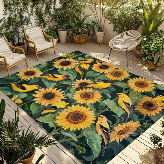 Fsddascl Yellow Sunflower Birds Outdoor Rug for Patio/Deck/Porch, Non-Slip Large Area Rug 4 x 6 Ft, Spring Leaves Retro Country Indoor Outdoor Rugs Washable Area Rugs, Reversible Camping Rug Carpet