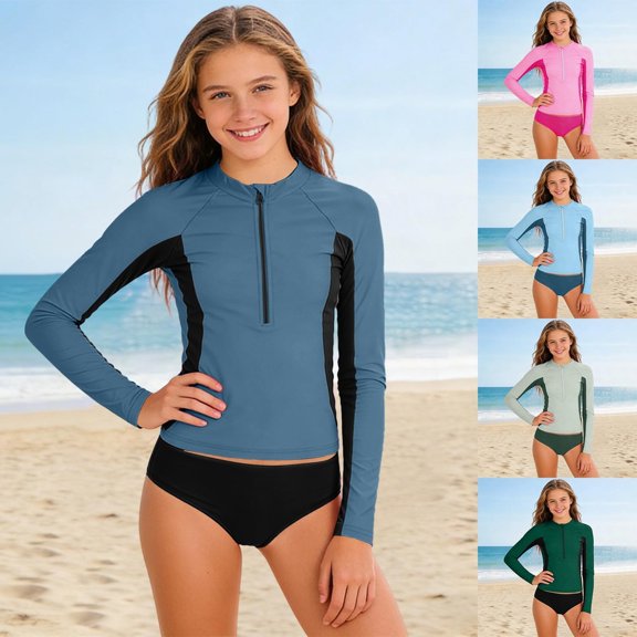 Bainana Girls Swimsuit Kids 2 Pieces Tankini Swimwear Color Block Rash Guard Shirt And Bikini Bottom Beach Wear For And Youths 9-10 Years Army Green