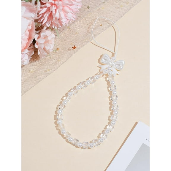 1Pc Bowknot Mobile Straps Phone Decorations Charm Handsets Chain String Non-Lost Beaded Handsets Lanyard for Women Camera Keychain Decoration DIY Craft Making 190mm Long Clear DIY