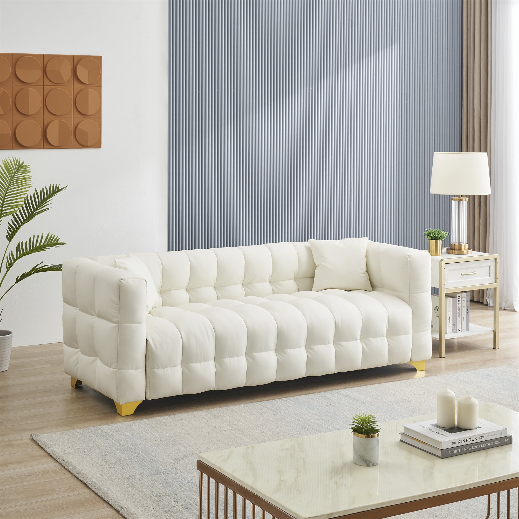 Aukfa 80" Modern Comfy Sofa, Deep Tufted Couch for Living Room, 2 Pillows, Leathaire, Beige