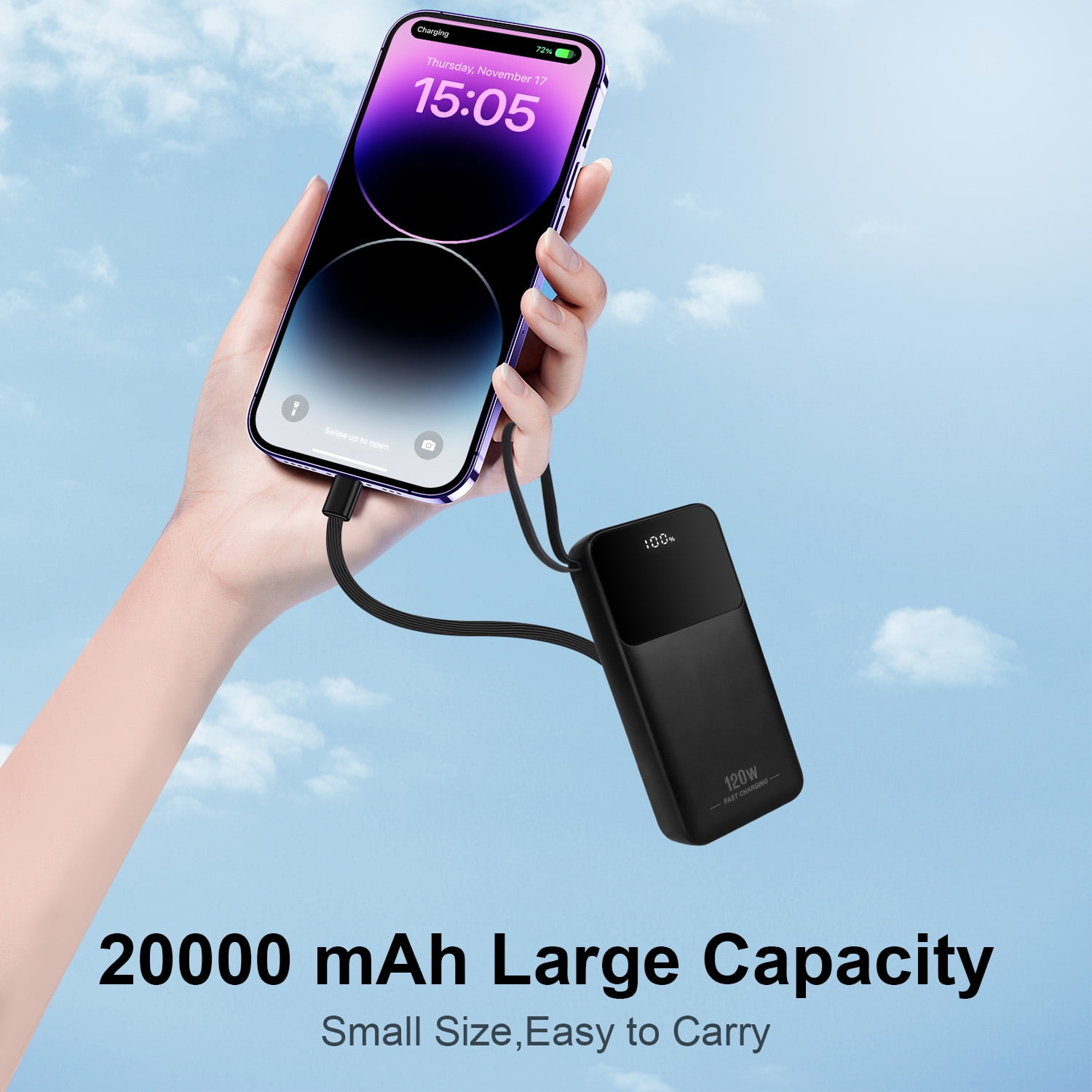 20000mAh Portable Charger Power Banks for iPhone Cell Phones with Built in Cables,HopePow LED Power Display Charging Banks Compatible with iPhone 16 Plus/Pro Max/15//14 Series,Samsung,Android(Black)