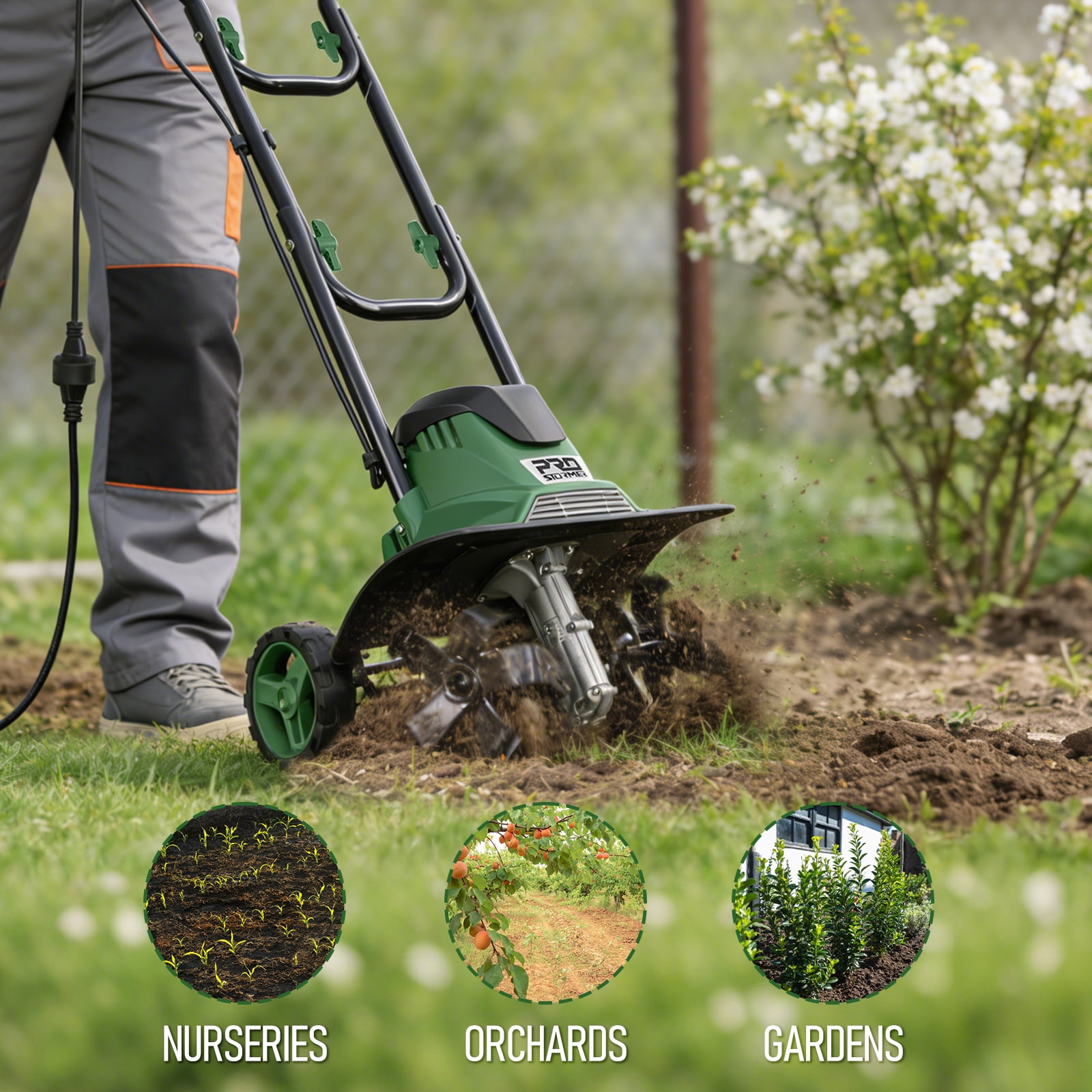 PROSTORMER Electric Tiller, 14 inch 10 A Horticultural Rope Tiller with Foldable Handle, Garden Rotary Tiller with Wheels