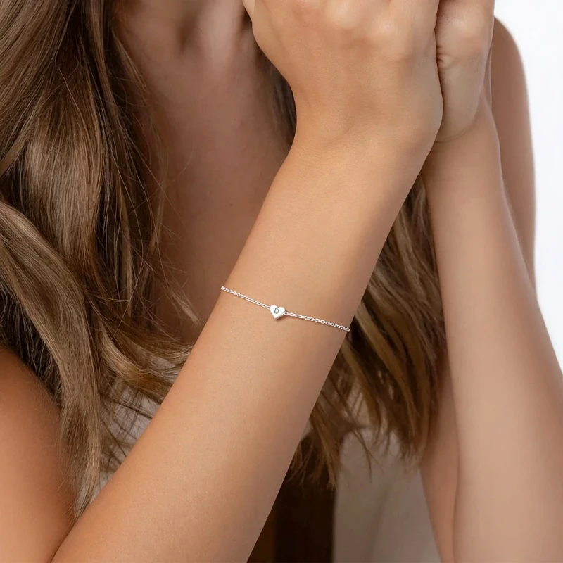 Silver Bracelet with Letter D Charm for Women, Initial Heart Jewelry Gift for Girlfriend Daughter Sister