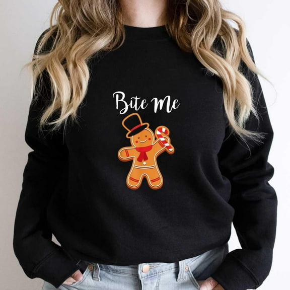 Cute Gingerbread Man Funny Bite Me Christmas Holiday Graphic SW6330 Unisex Sweatshirt, Up to Size 5XL