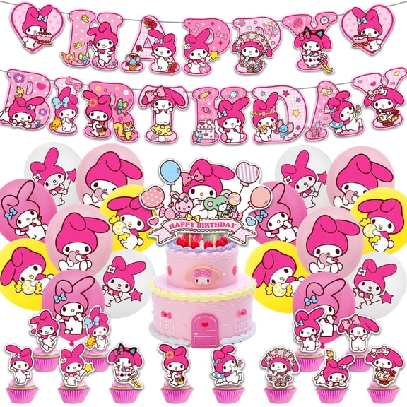 My Melody Theme Birthday Party Decor Supplies Kits, Including Banner, Balloons, Cake Toppers, Cupcake Toppers.