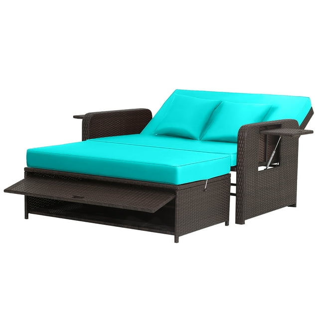 Gymax Causeuse en Rotin Ensemble Lit de Jour Salon Ottomane de Rangement Tables d'Appoint Ajuster Patio