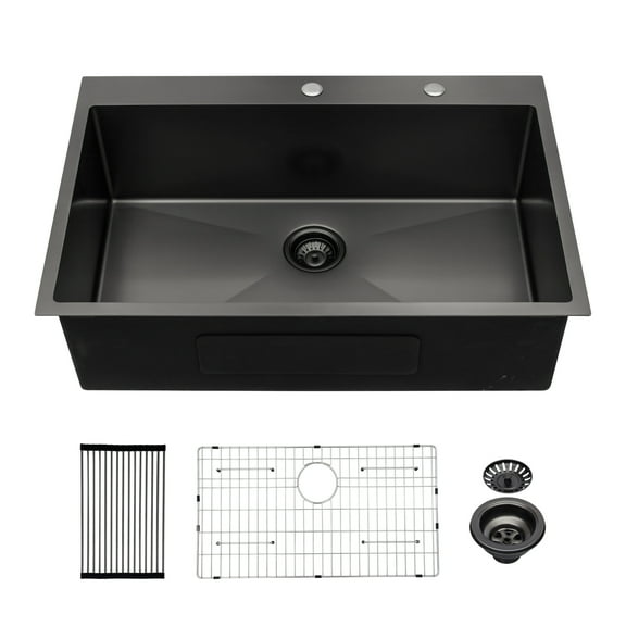 30x22 Inches Gunmetal Black 16-Gauge Stainless Steel Kitchen Drop in Single-Basin Top-Mounted Sink Basin