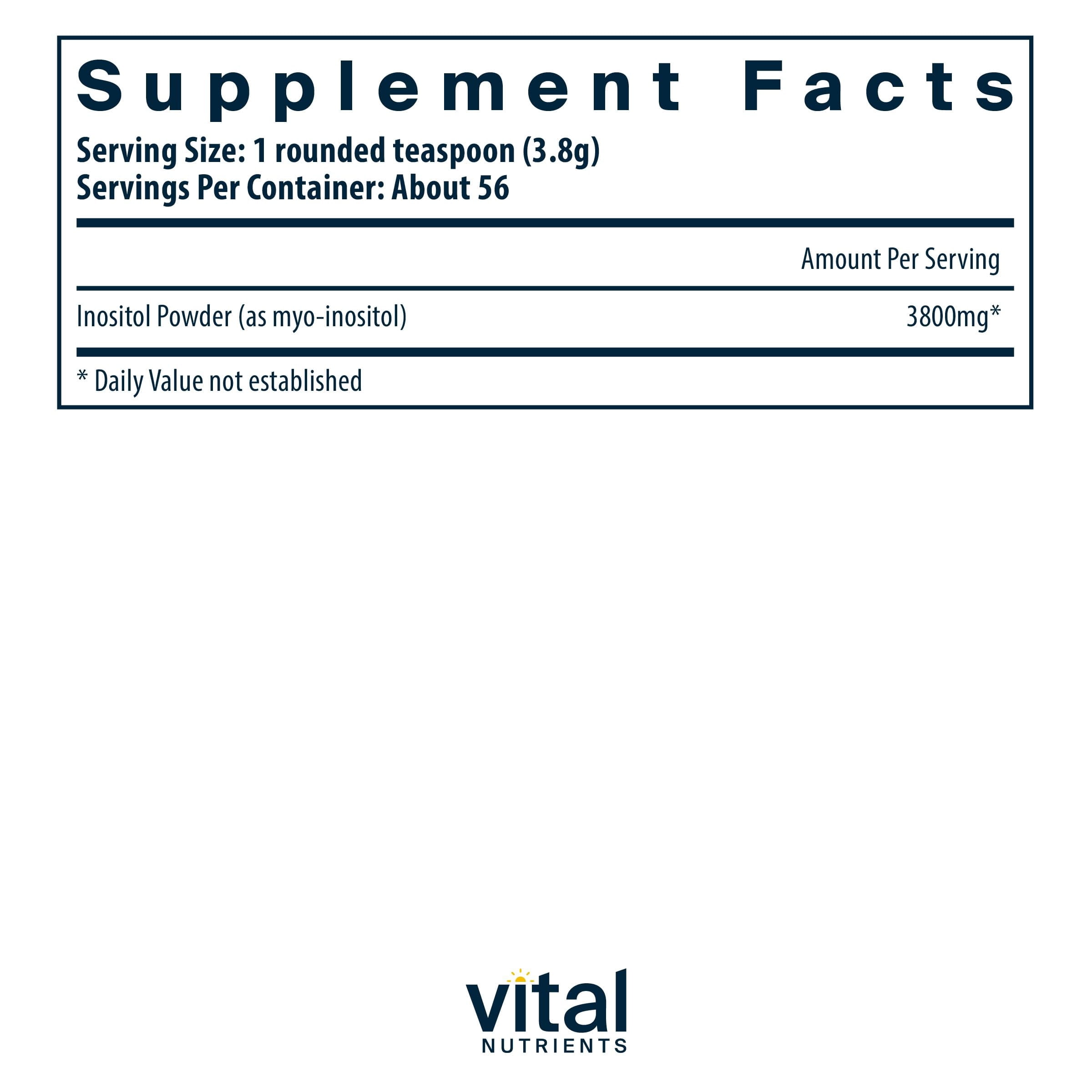 Vital Nutrients Inositol Powder | Myo Inositol Supplement for Women and Men | Supports Energy, Nervous System, Metabolism & Ovarian Function | Vegan, Gluten, Dairy, Soy Free | 56 Servings