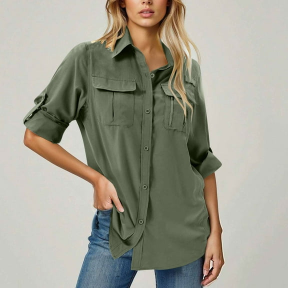 Sakmal Green Women's Blouses Fashion Shirts Long Sleeve Collared Solid Shirts with Pockets