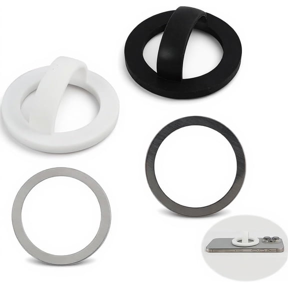 MKEUDQ-2PCS Magnetic Silicone Phone Grip Holder, Loop Stand and Finger Strap, Compatible with MagSafe for iPhone 16/15/14/13/12 Series, Easy Install and Remove(Black + White)