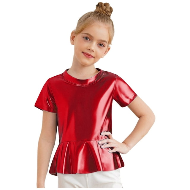 Moggemol Children Girls Festival Party Ruffle Crop Tops Shiny Metallic Layered Tee Jazz Hip Hop Red 160